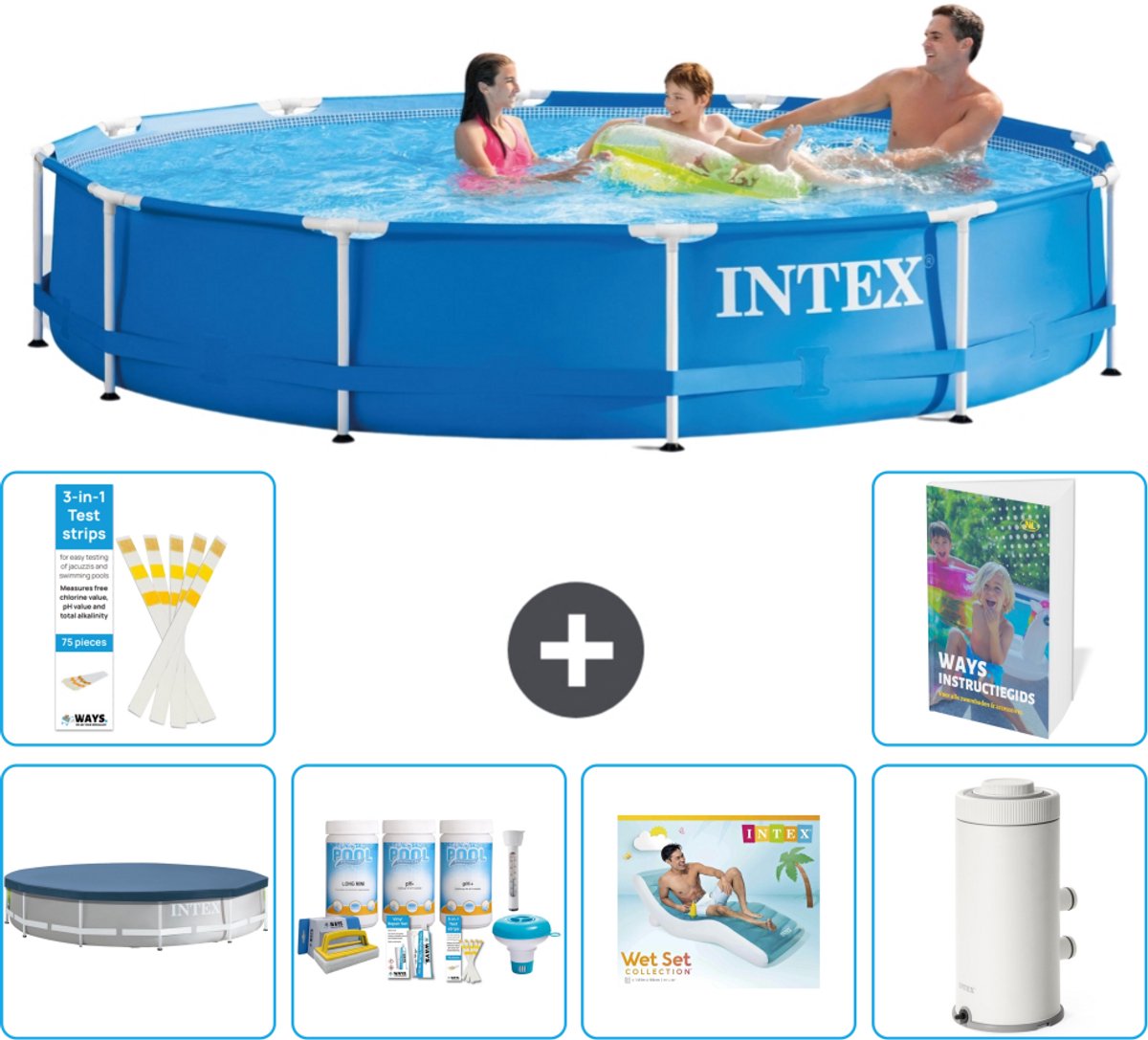 Intex Rond Frame Zwembad - 366 x 76 cm - Blauw - Inclusief Afdekzeil - Onderhoudspakket - Loungebed - Zwembadfilterpomp - 7-delig