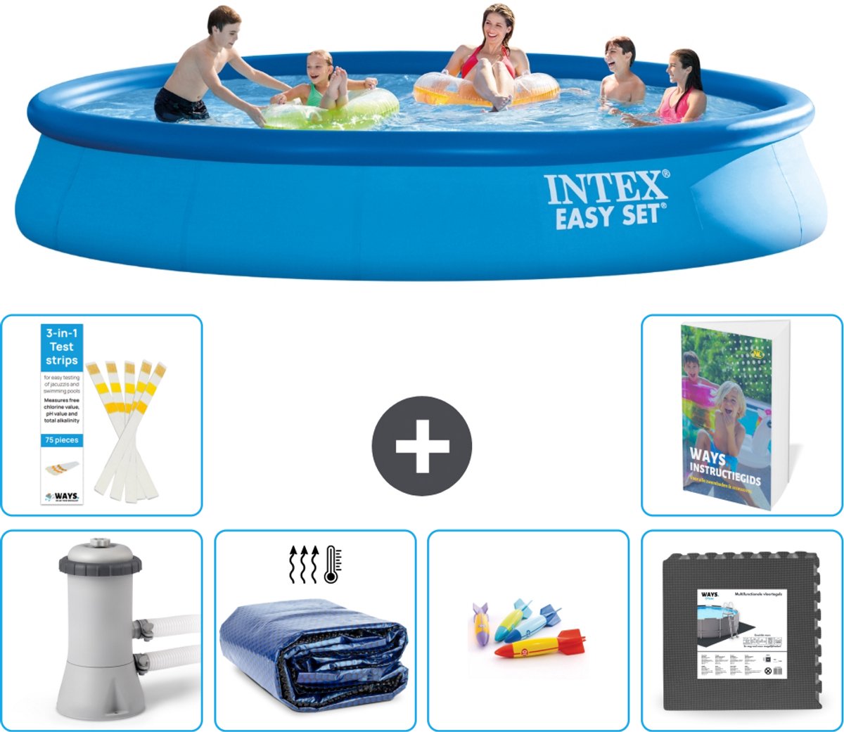 Intex Rond Opblaasbaar Easy Set Zwembad - 457 x 84 cm - Blauw - Inclusief Pomp - Solarzeil - Speelgoed - Vloertegels - 7-delig