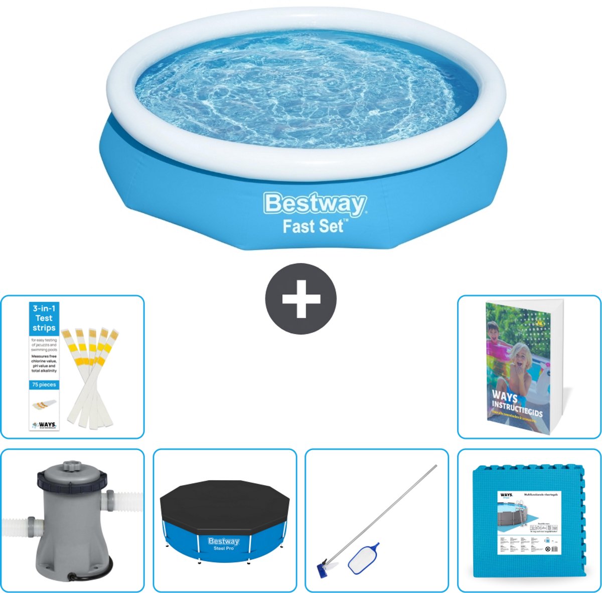 Bestway Rond Opblaasbaar Fast Set Zwembad - 305 x 66 cm - Blauw - Inclusief Pomp - Afdekzeil - Schoonmaakset - Vloertegels - 7-delig