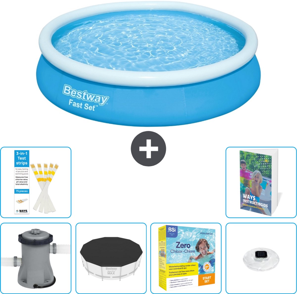 Bestway Rond Opblaasbaar Fast Set Zwembad - 366 x 76 cm - Blauw - Inclusief Pomp - Afdekzeil - Onderhoudspakket - Verlichting - 7-delig