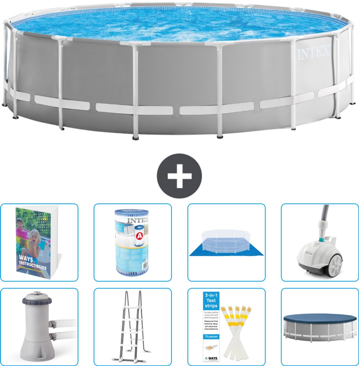 Intex Rond Prism Frame Zwembad - 457 x 122 cm - Grijs - Inclusief Pomp - Ladder - Grondzeil - Afdekzeil - Filter - Stofzuiger - 9-delig