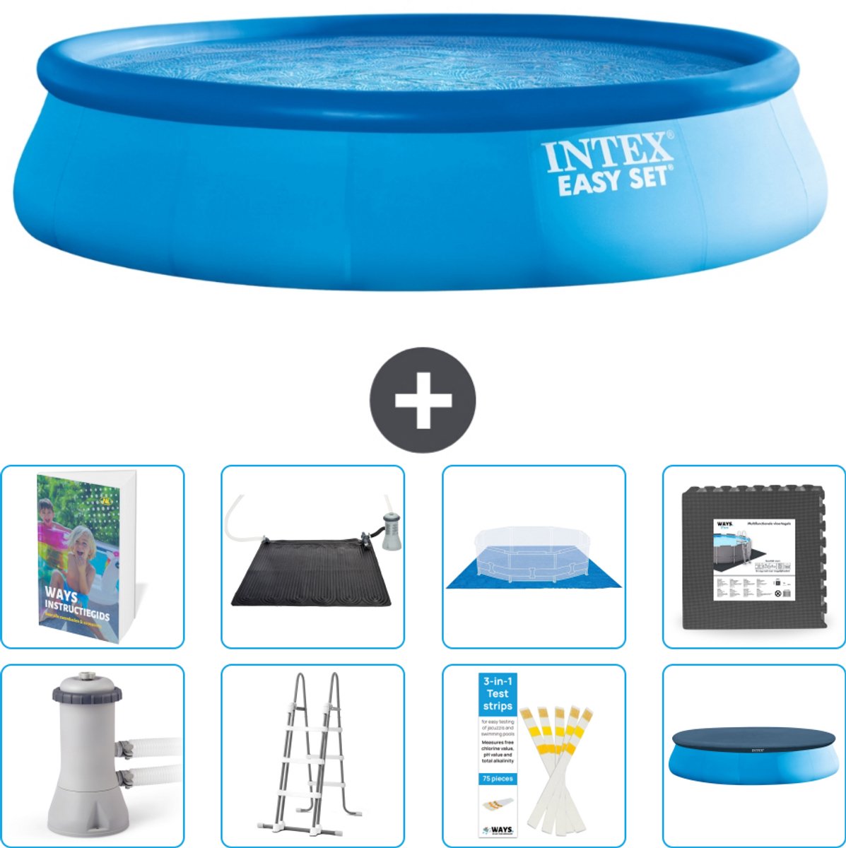 Intex Rond Opblaasbaar Easy Set Zwembad - 457 x 107 cm - Blauw - Inclusief Pomp - Ladder - Grondzeil - Afdekzeil - Solar Mat - Vloertegels - 9-delig