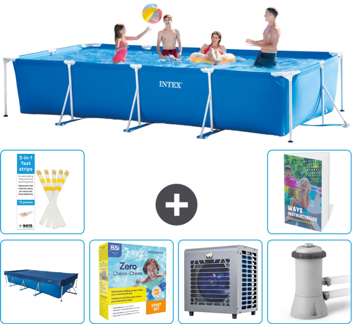 Intex Rechthoekig Frame Zwembad - 450 x 220 x 84 cm - Blauw - Inclusief Afdekzeil - Onderhoudspakket - Warmtepomp - Zwembadfilterpomp - 7-delig
