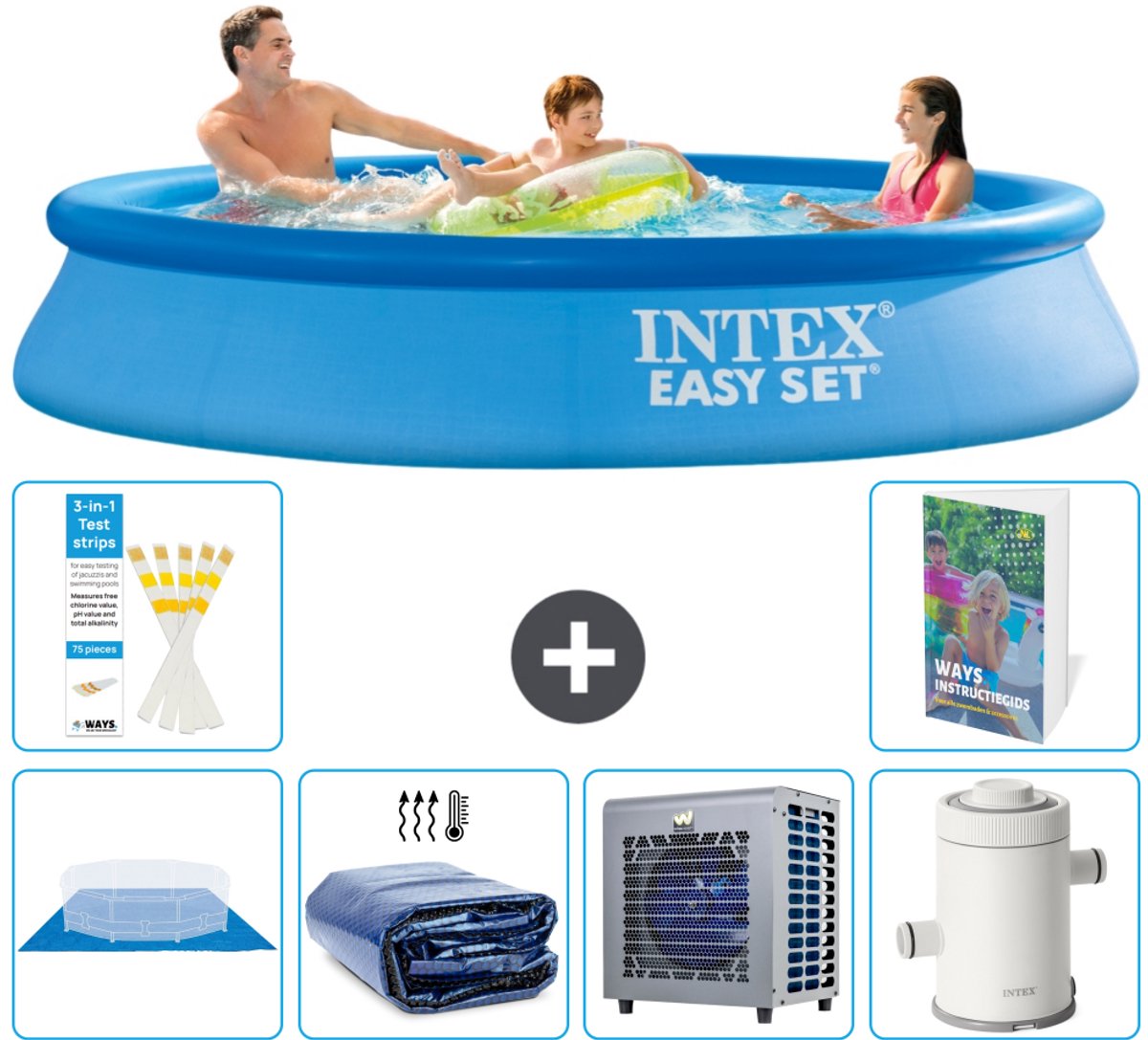Intex Rond Opblaasbaar Easy Set Zwembad - 305 x 61 cm - Blauw - Inclusief Grondzeil - Solarzeil - Warmtepomp - Zwembadfilterpomp - 7-delig
