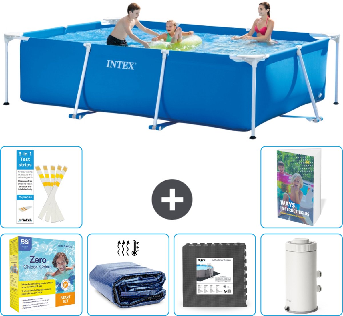 Intex Rechthoekig Frame Zwembad - 300 x 200 x 75 cm - Blauw - Inclusief Onderhoudspakket - Solarzeil - Vloertegels - Zwembadfilterpomp - 7-delig
