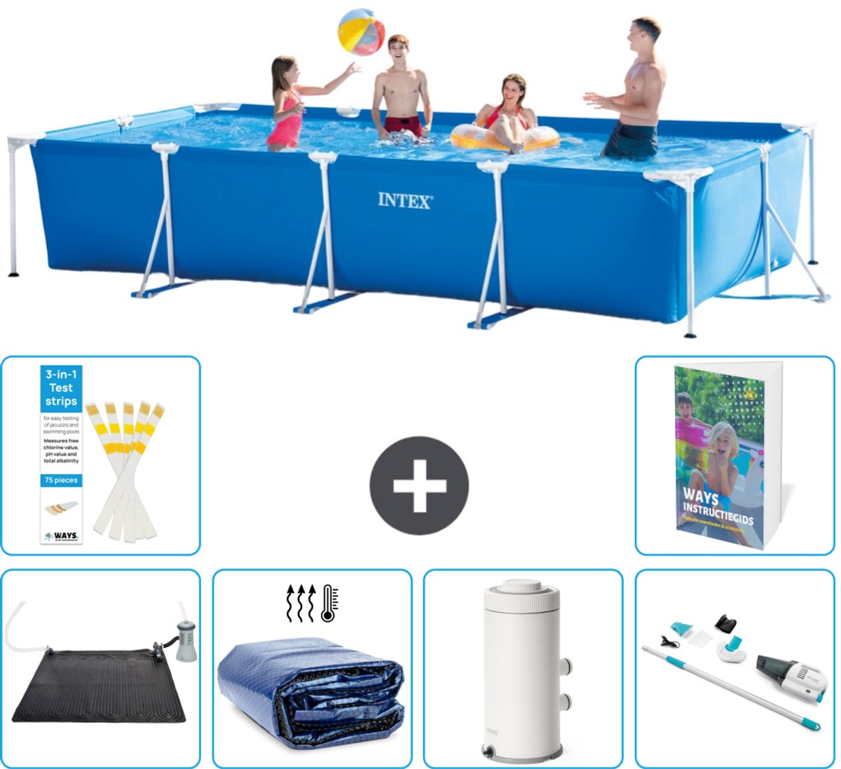 Intex Rechthoekig Frame Zwembad - 450 x 220 x 84 cm - Blauw - Inclusief Solar Mat - Solarzeil - Zwembadfilterpomp - Stofzuiger - 7-delig