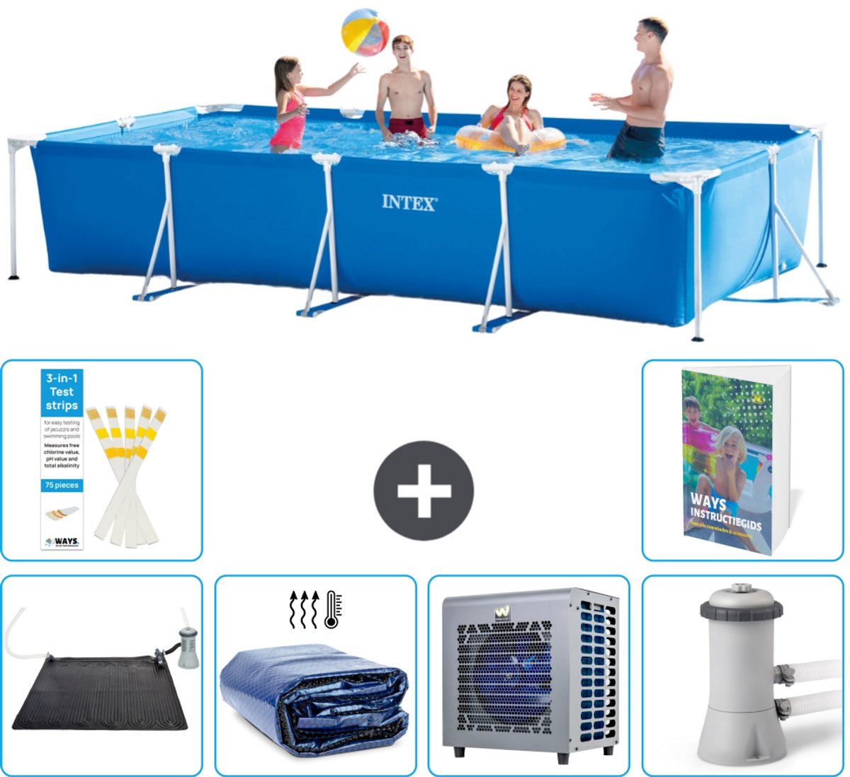 Intex Rechthoekig Frame Zwembad - 450 x 220 x 84 cm - Blauw - Inclusief Solar Mat - Solarzeil - Warmtepomp - Zwembadfilterpomp - 7-delig