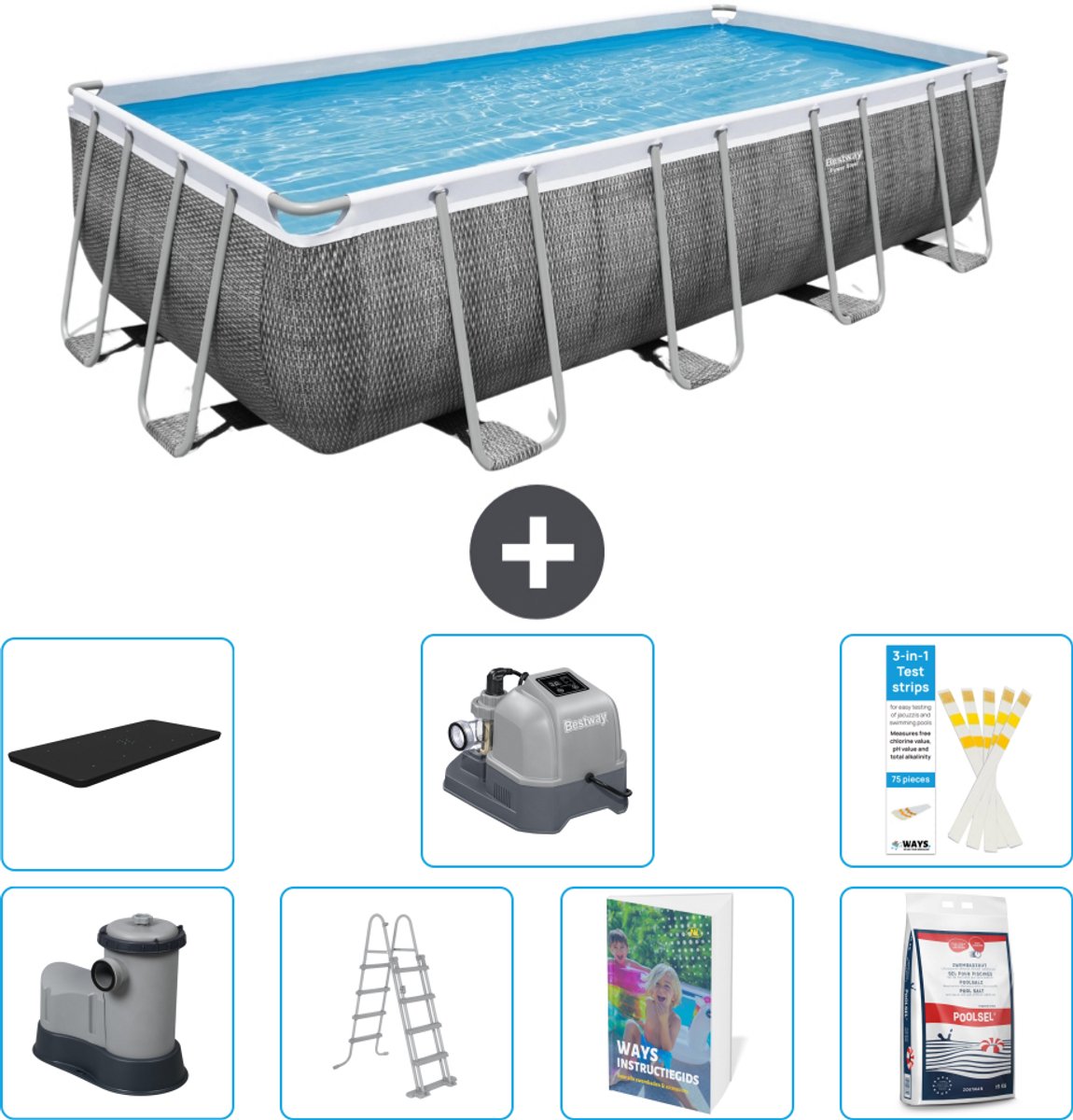 Bestway Rechthoekig Power Steel Zwembad - Rattanprint - 549 x 274 x 122 - Inclusief Pomp - Ladder - Afdekzeil - Zoutwatersysteem - Zwembadzout - 8-delig