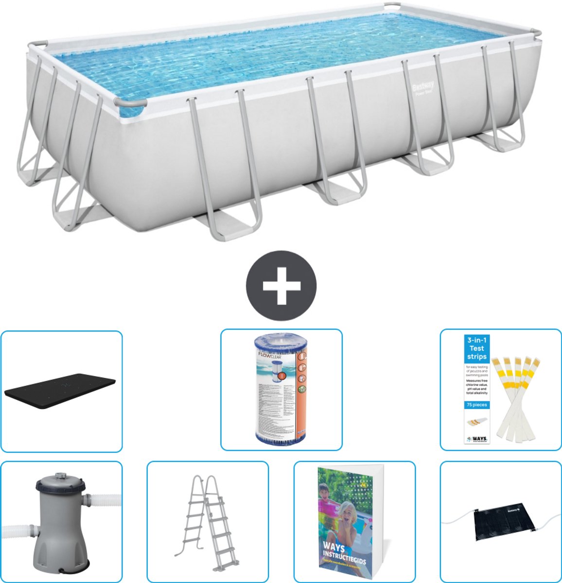 Bestway Rechthoekig Power Steel Zwembad - 488 x 244 x 122 - Grijs Inclusief Pomp - Ladder - Afdekzeil - Filter - Solar Mat - 8-delig
