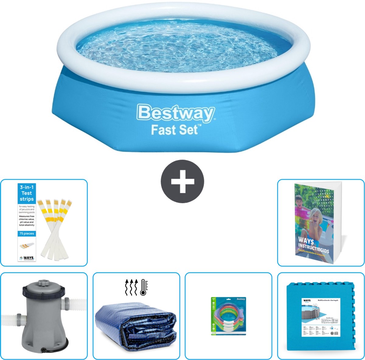 Bestway Rond Opblaasbaar Fast Set Zwembad - 244 x 61 cm - Blauw - Inclusief Pomp - Solarzeil - Speelgoed - Vloertegels - 7-delig