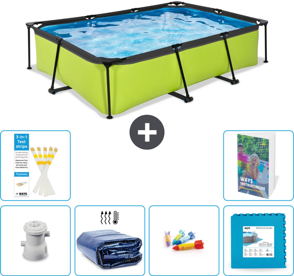 EXIT Rechthoekig Lime Frame Zwembad - 300 x 200 x 65 cm - Inclusief Pomp - Solarzeil - Speelgoed - Vloertegels - 7-delig