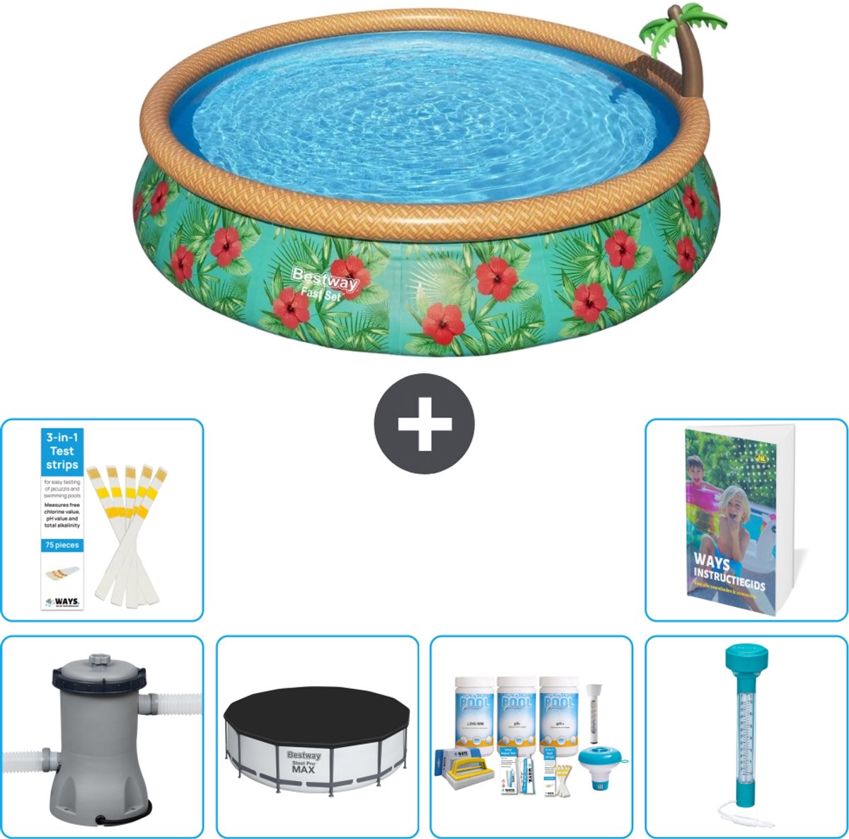 Bestway Rond Opblaasbaar Fast Set Zwembad - Paradijsprint - 457 x 84 cm - Inclusief Pomp - Afdekzeil - Onderhoudspakket - Thermometer - 7-delig