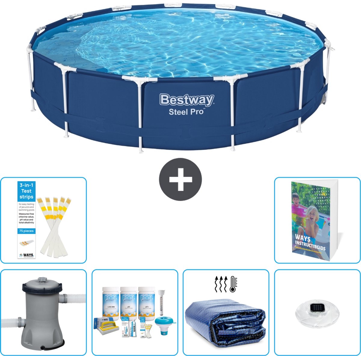 Bestway Rond Steel Pro Zwembad - 396 x 84 cm - Blauw - Inclusief Pomp - Onderhoudspakket - Solarzeil - Verlichting - 7-delig
