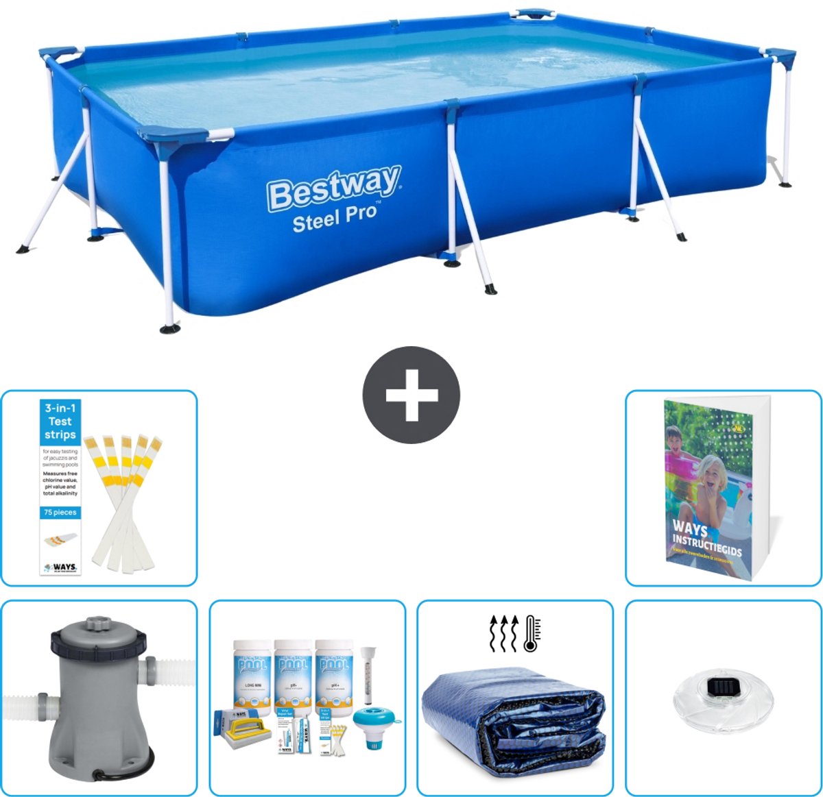 Bestway Rechthoekig Steel Pro Zwembad - 300 x 201 x 66 cm - Blauw - Inclusief Pomp - Onderhoudspakket - Solarzeil - Verlichting - 7-delig
