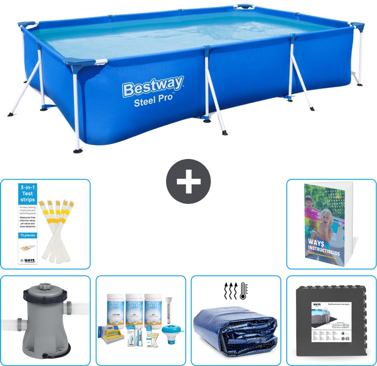 Bestway Rechthoekig Steel Pro Zwembad - 300 x 201 x 66 cm - Blauw - Inclusief Pomp - Onderhoudspakket - Solarzeil - Vloertegels - 7-delig