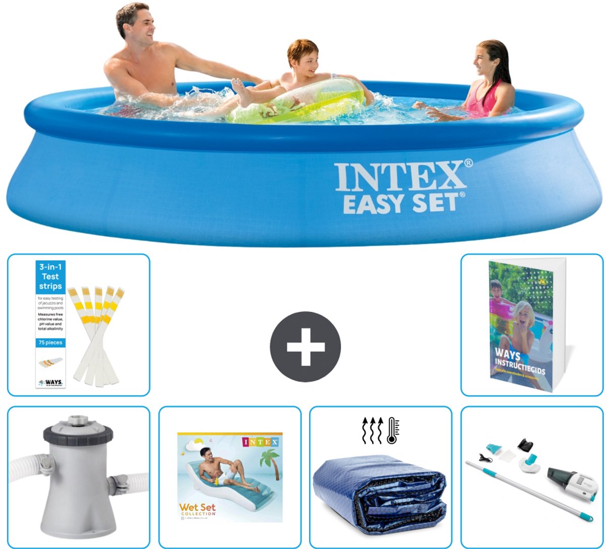 Intex Rond Opblaasbaar Easy Set Zwembad - 305 x 61 cm - Blauw - Inclusief Pomp - Loungebed - Solarzeil - Stofzuiger - 7-delig