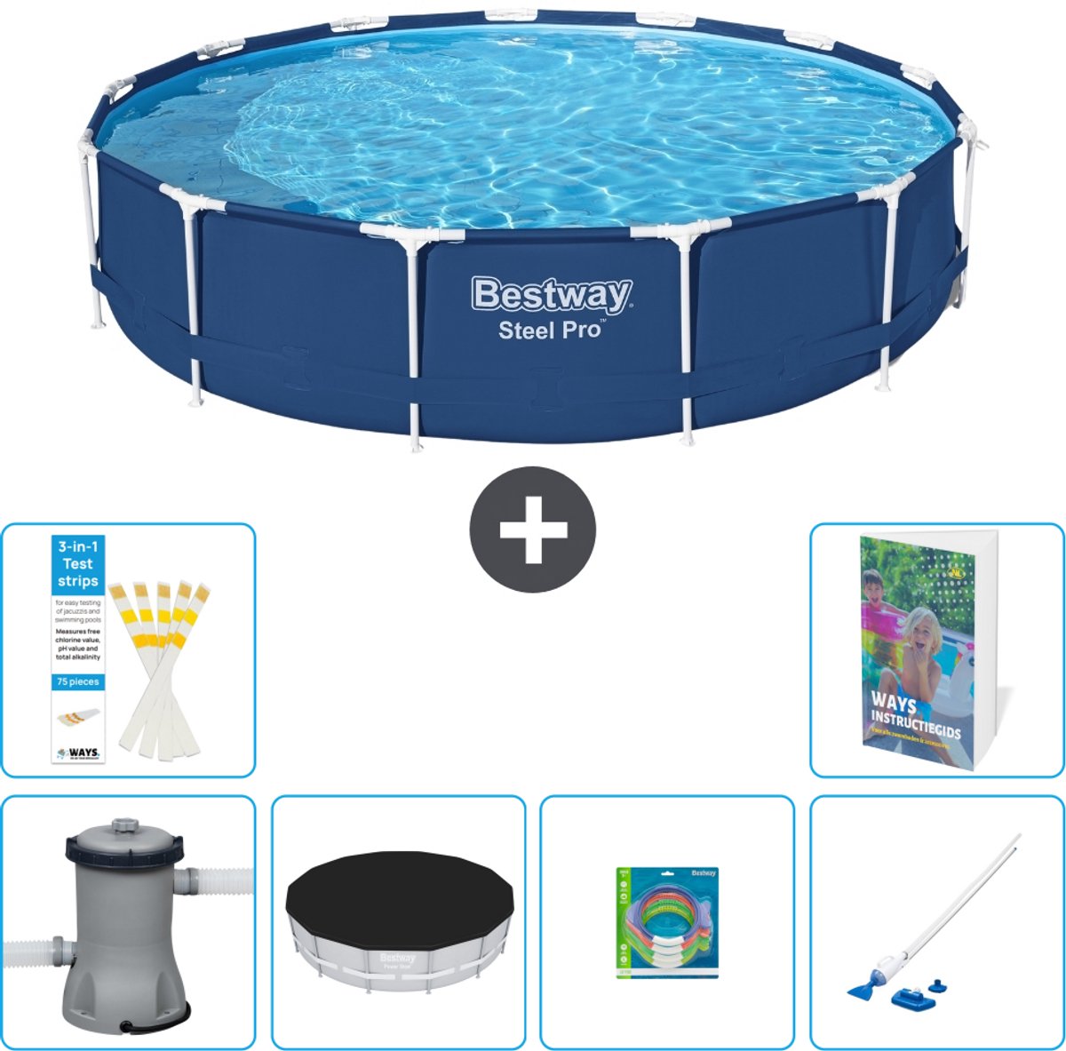 Bestway Rond Steel Pro Zwembad - 396 x 84 cm - Blauw - Inclusief Pomp - Afdekzeil - Speelgoed - Stofzuiger - 7-delig