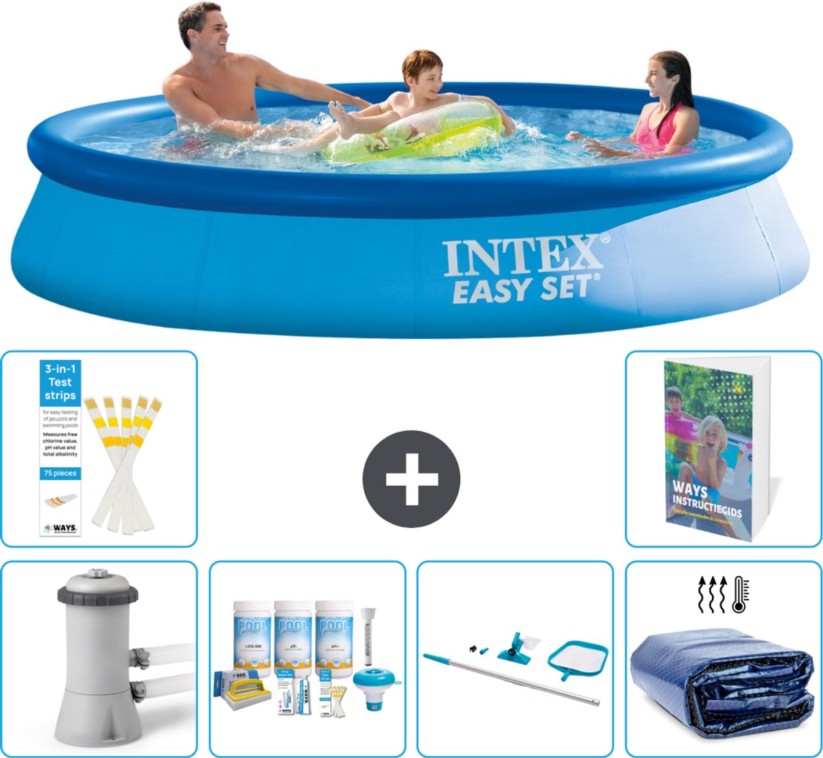 Intex Rond Opblaasbaar Easy Set Zwembad - 366 x 76 cm - Blauw - Inclusief Pomp - Onderhoudspakket - Schoonmaakset - Solarzeil - 7-delig