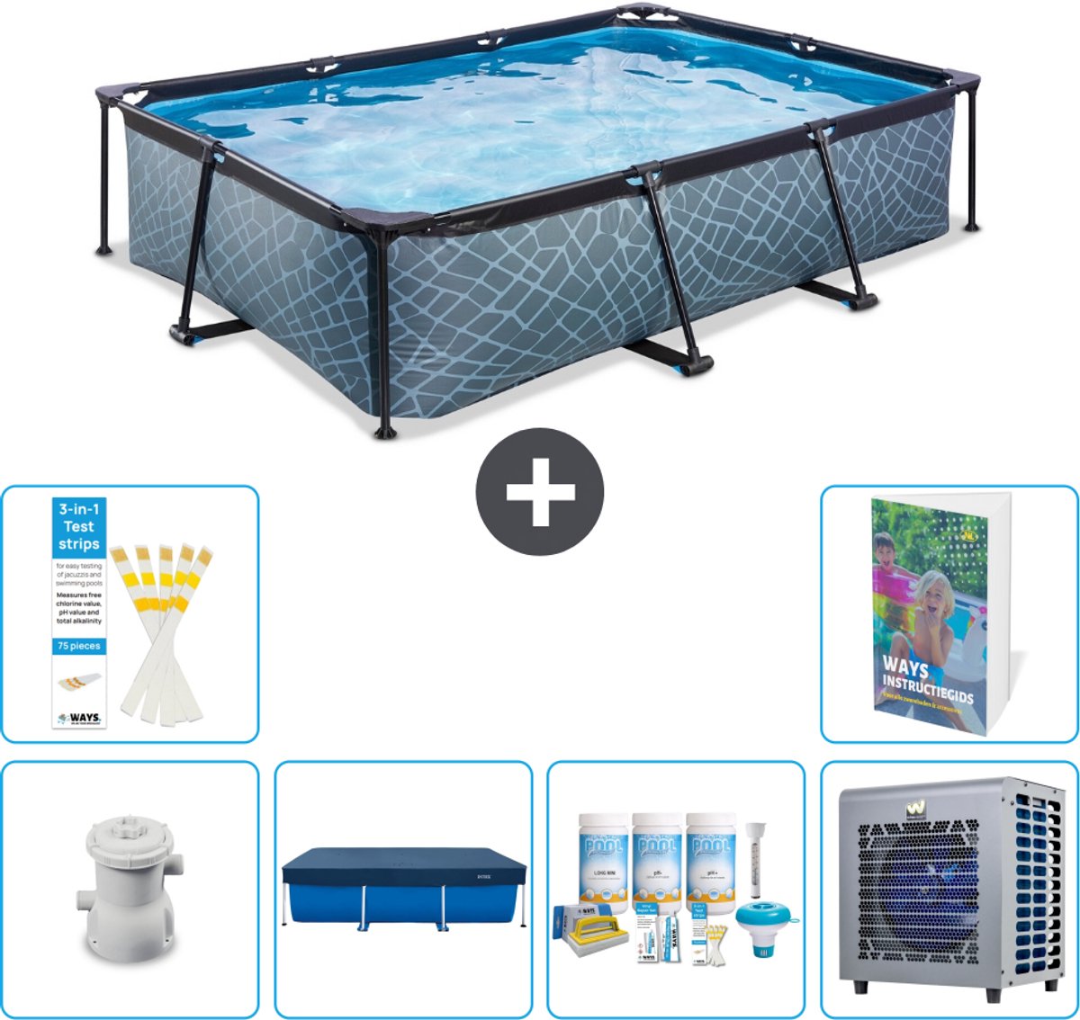EXIT Rechthoekig Stone Frame Zwembad - 300 x 200 x 65 cm - Inclusief Pomp - Afdekzeil - Onderhoudspakket - Warmtepomp - 7-delig