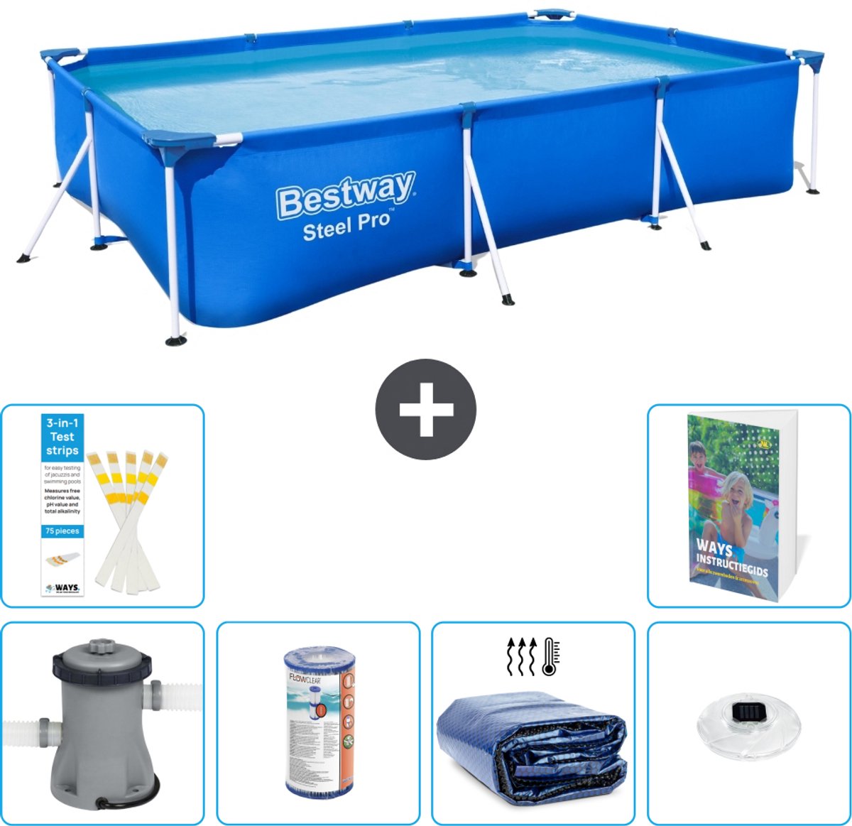 Bestway Rechthoekig Steel Pro Zwembad - 300 x 201 x 66 cm - Blauw - Inclusief Pomp - Filter - Solarzeil - Verlichting - 7-delig