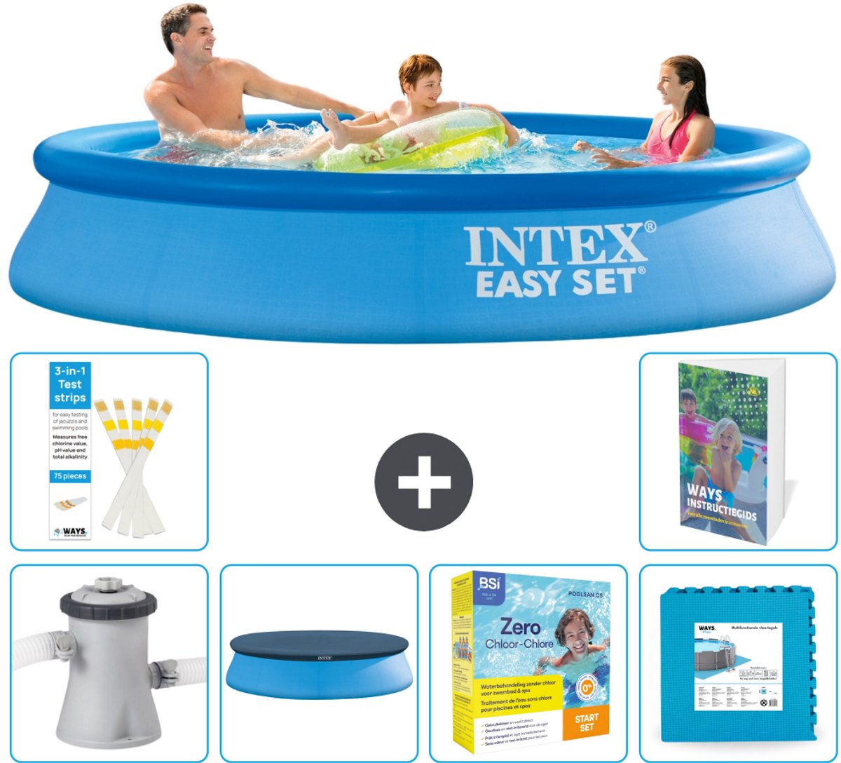 Intex Rond Opblaasbaar Easy Set Zwembad - 305 x 61 cm - Blauw - Inclusief Pomp - Afdekzeil - Onderhoudspakket - Vloertegels - 7-delig