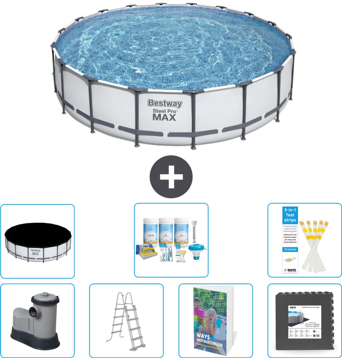Bestway Rond Steel Pro MAX Zwembad - 549 x 122 cm - Grijs - Inclusief Pomp - Ladder - Afdekzeil - Onderhoudspakket - Vloertegels - 8-delig