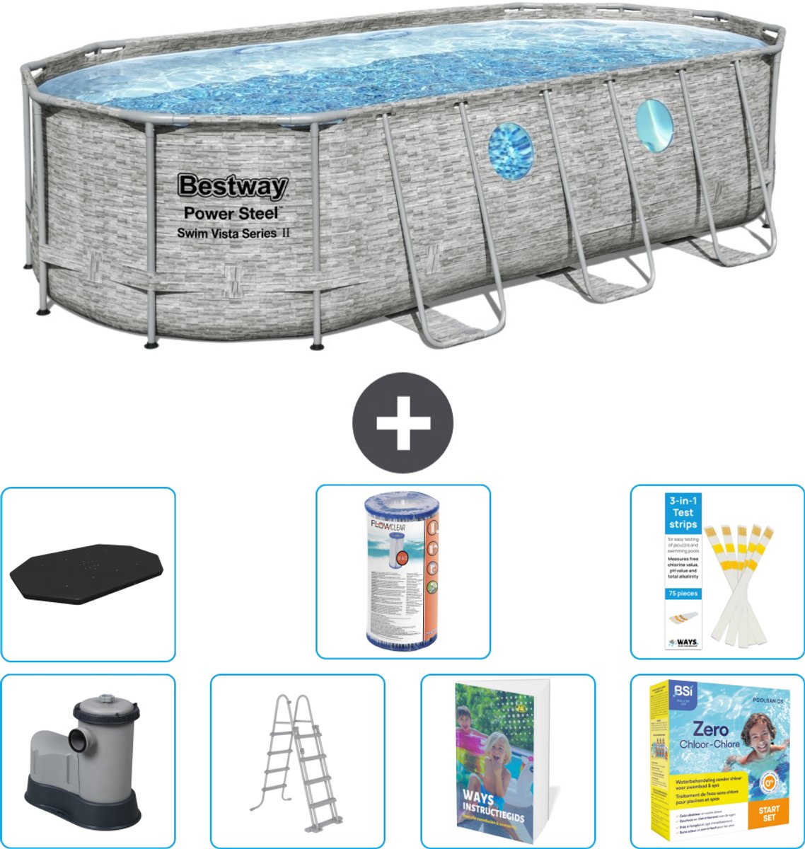 Bestway Ovaal Power Steel Swim Vista Zwembad - Steenprint - 549 x 274 x 122 - Inclusief Pomp - Ladder - Afdekzeil - Filter - Onderhoudspakket - 8-delig
