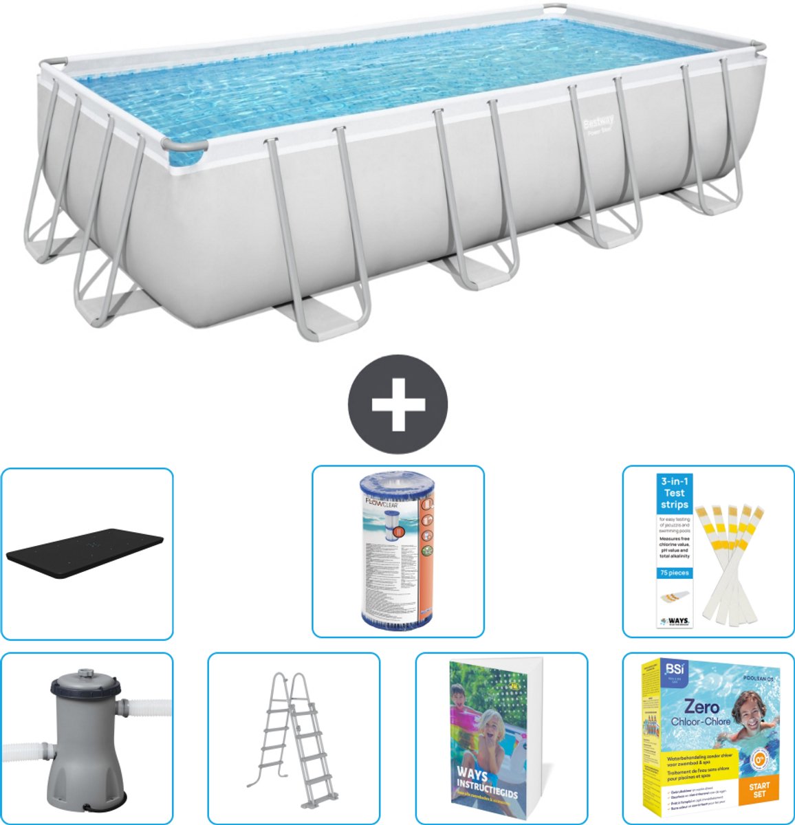 Bestway Rechthoekig Power Steel Zwembad - 488 x 244 x 122 - Grijs Inclusief Pomp - Ladder - Afdekzeil - Filter - Onderhoudspakket - 8-delig