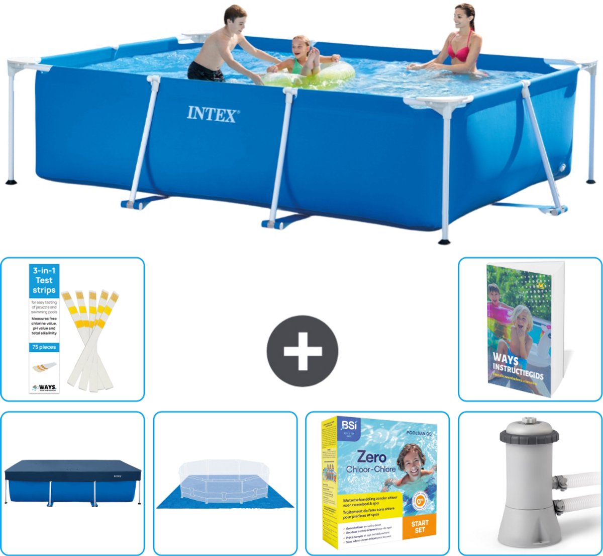 Intex Rechthoekig Frame Zwembad - 300 x 200 x 75 cm - Blauw - Inclusief Afdekzeil - Grondzeil - Onderhoudspakket - Zwembadfilterpomp - 7-delig