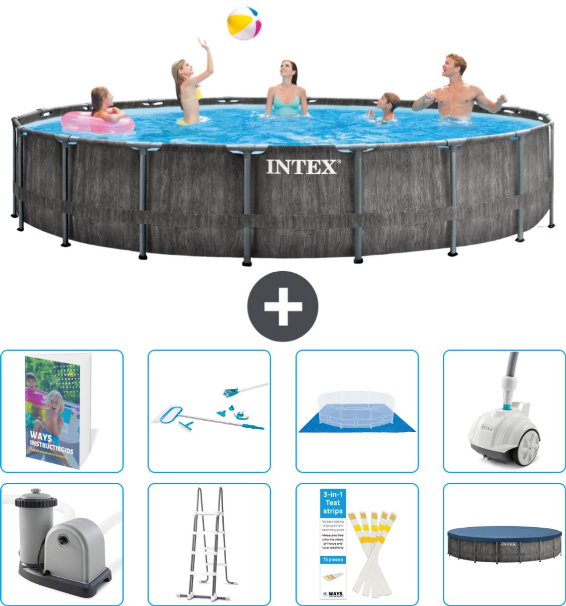 Intex Rond Prism Frame Greywood Zwembad - 549 x 122 cm - Inclusief Pomp - Ladder - Grondzeil - Afdekzeil - Schoonmaakset - Stofzuiger - 9-delig