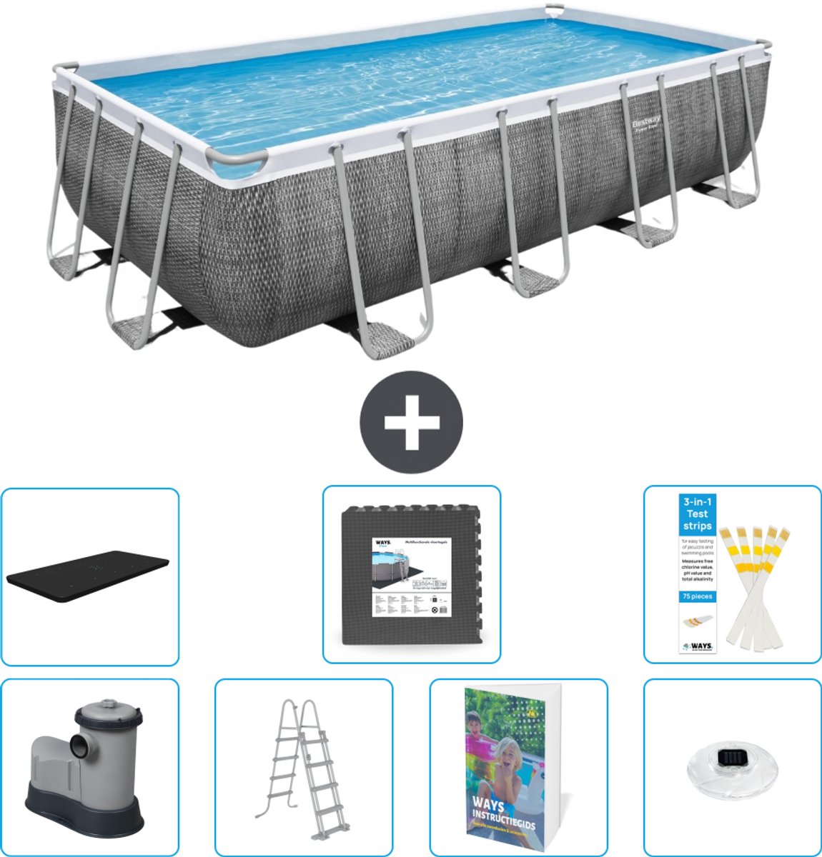 Bestway Rechthoekig Power Steel Zwembad - Rattanprint - 549 x 274 x 122 - Inclusief Pomp - Ladder - Afdekzeil - Vloertegels - Verlichting - 8-delig