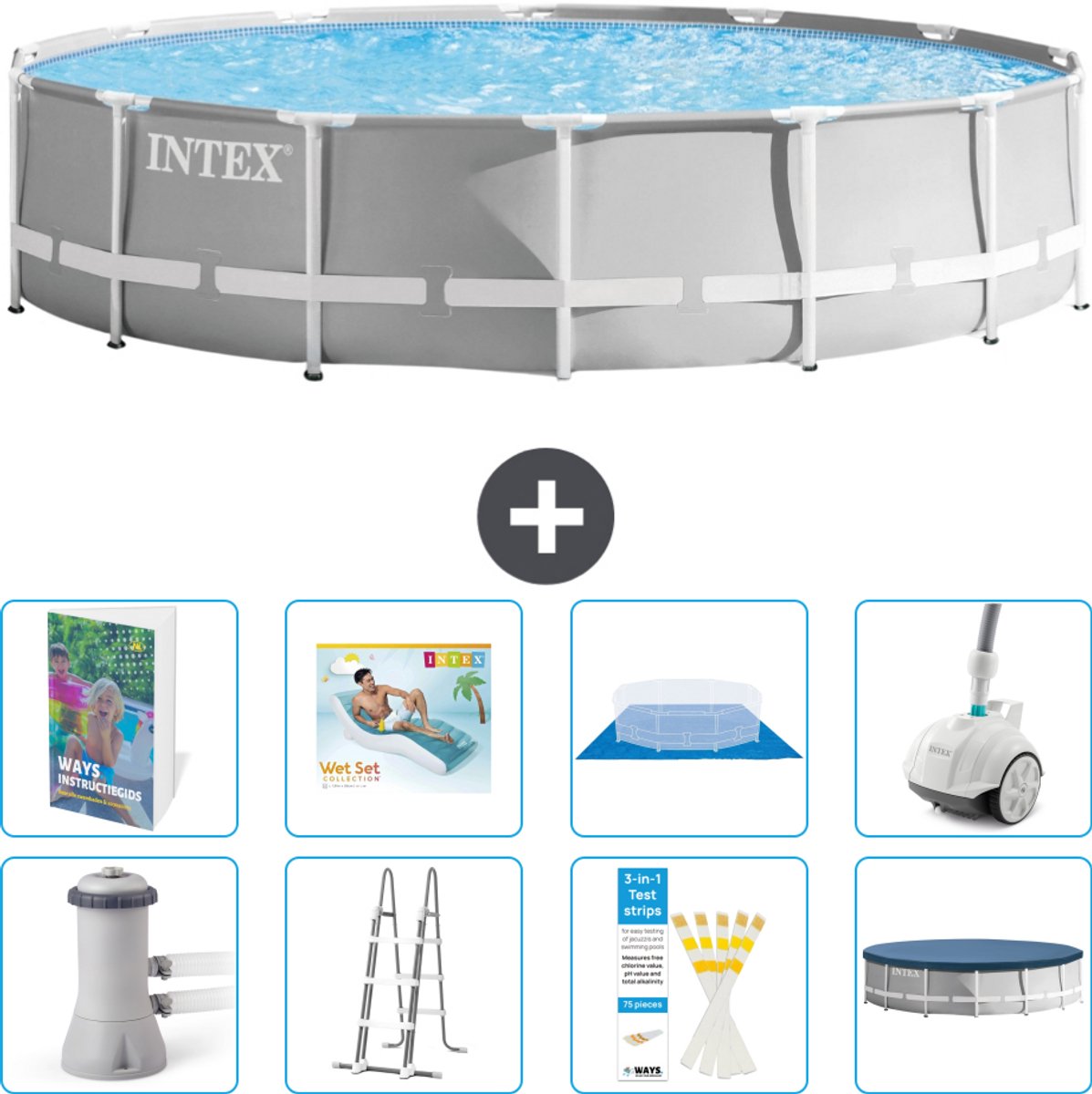 Intex Rond Prism Frame Zwembad - 427 x 107 cm - Grijs - Inclusief Pomp - Ladder - Grondzeil - Afdekzeil - Loungebed - Stofzuiger - 9-delig