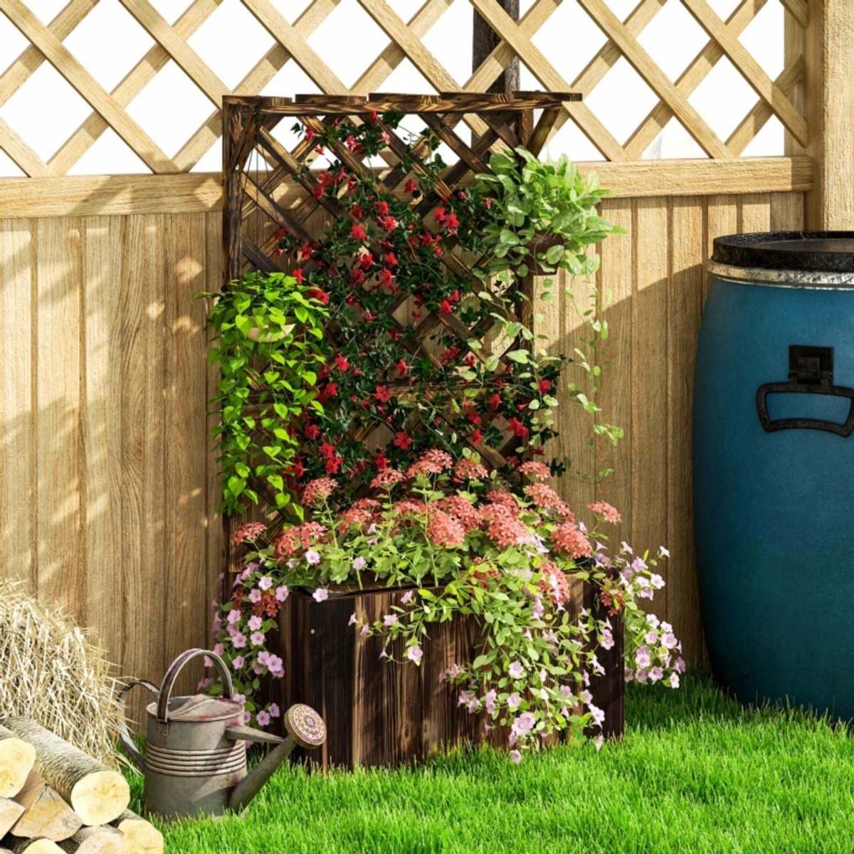 COVREO Plantenbak met rankgitter 64 x 33 x 122 cm, charcoal van hout voor buiten