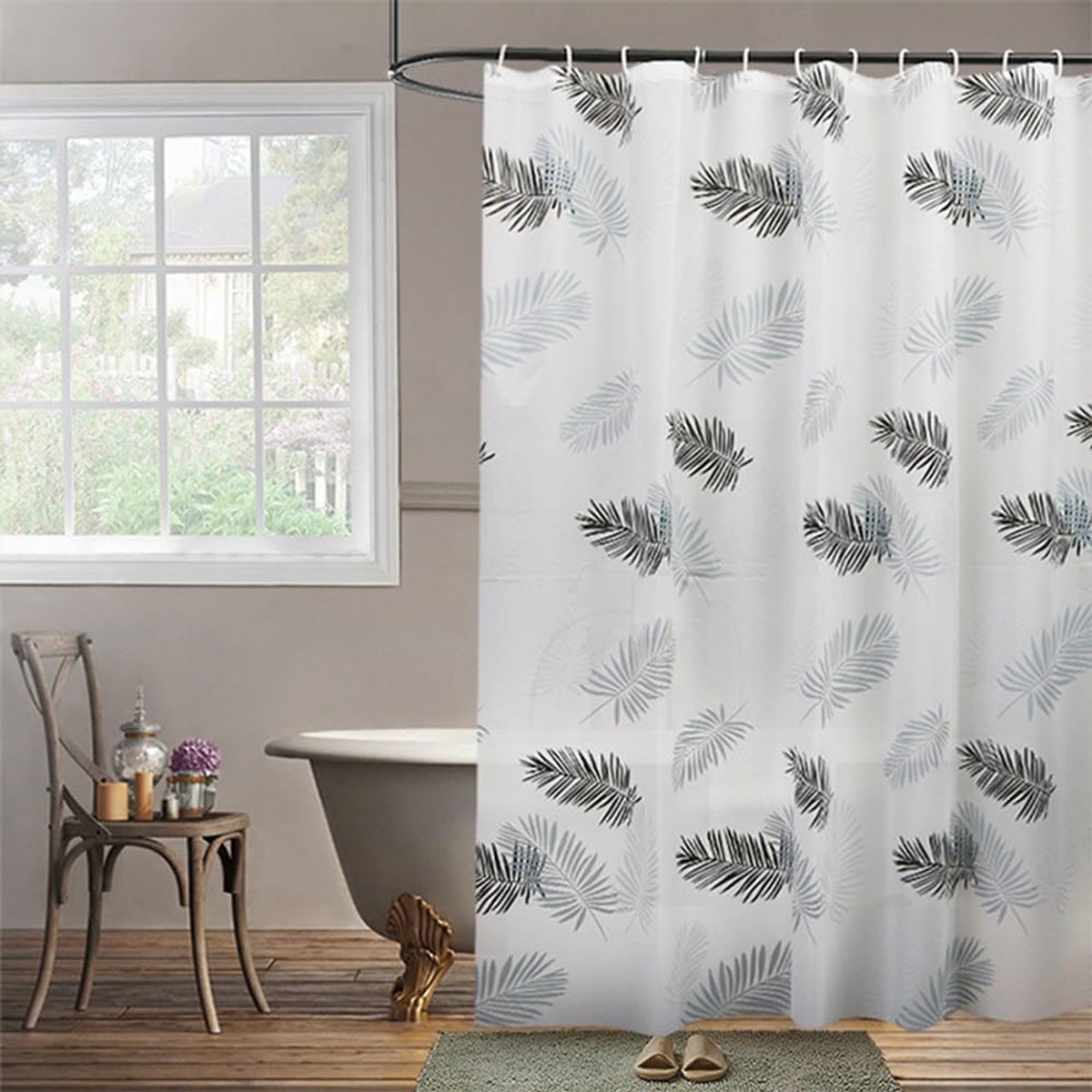 SnelShoppen - Douchegordijn PEVA Zwart Bladeren 200 x 200 cm | Extra Breed Waterdicht Schimmelbestendig | Witte Wasbare Plastic Douchegordijnen met Ha