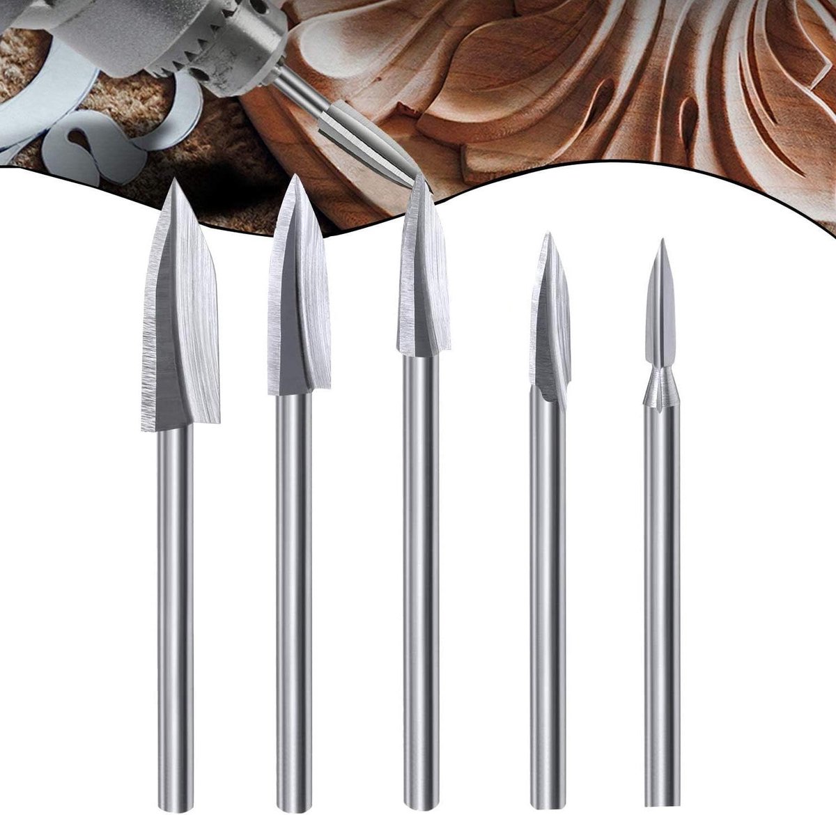 Houtsnijgereedschap Set - Graveerboor Set - Doe-het-zelf Houtsnijwerk - 5 Delige HSS Set - 3mm Schacht - Zilver