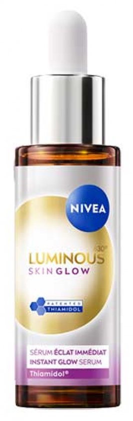 NIVEA Luminous Skin Glow Instant Glow Serum flesje met pipet. Bruin glas met zilveren dop en een geel/wit label met het NIVEA logo.