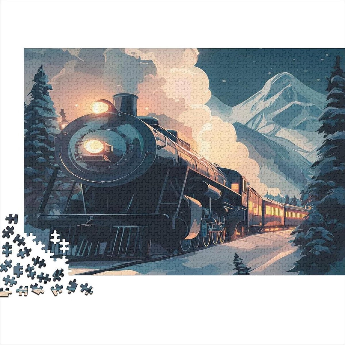 Stoomtrein Puzzel - Winter Puzzel - Familie Ontspanning - 1000 Stukjes - 52 x 38 cm - Kleurrijk