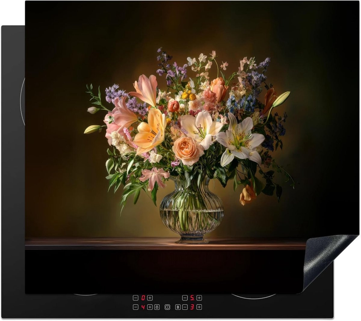 SnelShoppen - Inductie Beschermer 60x52cm Keuken Decoratie Pannendeksel Antislip Mat - Glazen - Bloemen - Boeket - Kleurrijk - Ideaal voor Moderne en