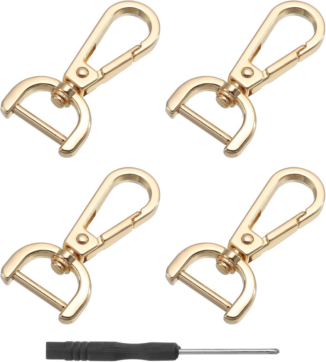 SnelShoppen - 4 Zwenkhaakjes met Karabijnhaak, 15 mm, Metalen Klapsluiting, D-ring met Verwijderbare Snap Closure en Schroevendraaier voor Sleutelhang