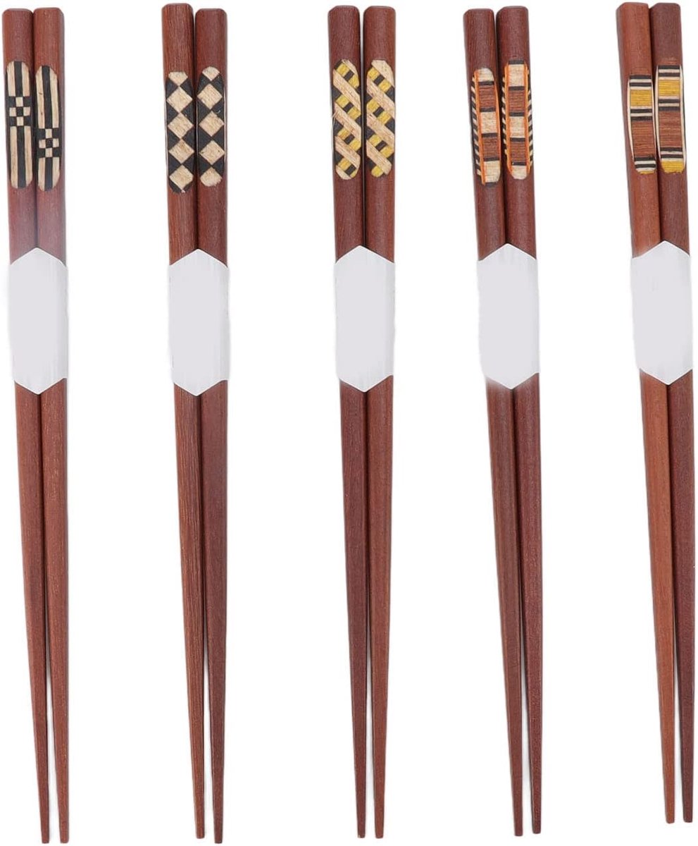SnelShoppen - Houten Eetstokjes, 5 Pairs Herbruikbare Chinese Klassieke Eetstokjes met Antislip Ontwerp, Perfect voor Beginners, Keuken Accessoires