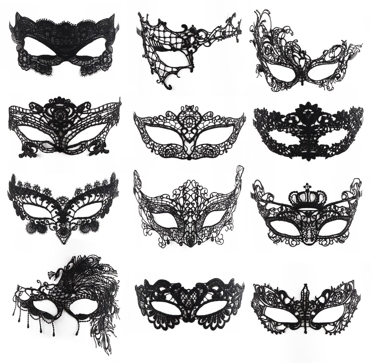 SnelShoppen - 12 Stuks Venetiaanse Maskers, Sexy Kanten Masker, Zwart, Feestaccessoires voor Carnaval, Verkleedpartijen en Themafeesten