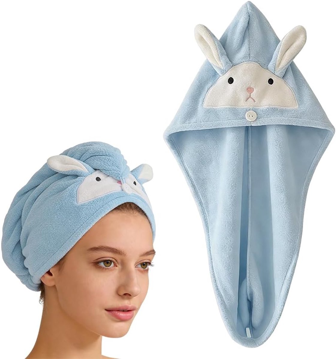 SnelShoppen - Schattige Konijnvormige Haar Droog Towel Wrap, Knopsluiting Koraal Fleece Zachte Hoofd Handdoek, Leuke Haar Handdoek voor Kinderen en Vr