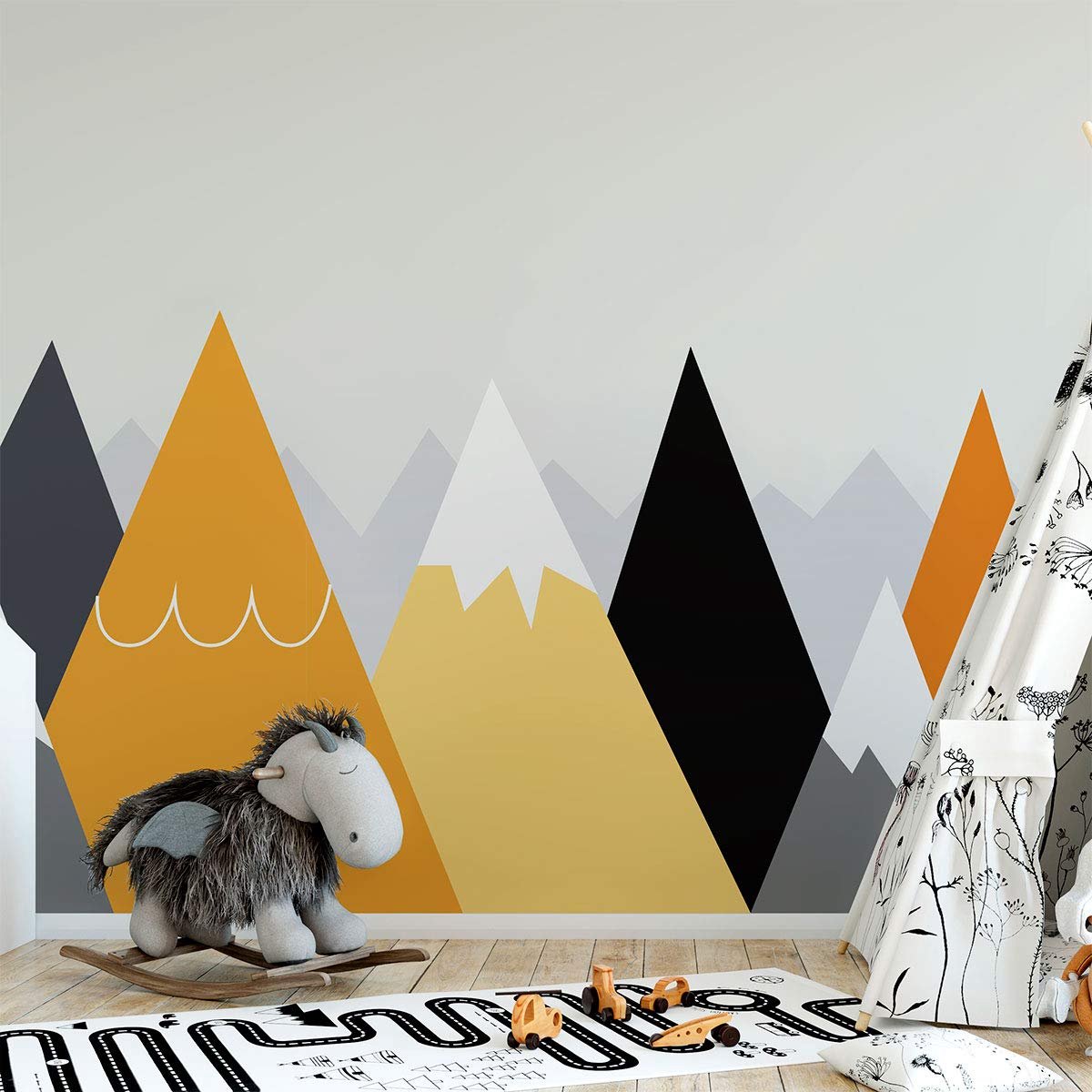 SnelShoppen - Muursticker Kinderen - Scandinavische Muurdecoratie voor Babykamer - Grote Bergen Design - H70 x L155 cm - Kinderkamer Stickers