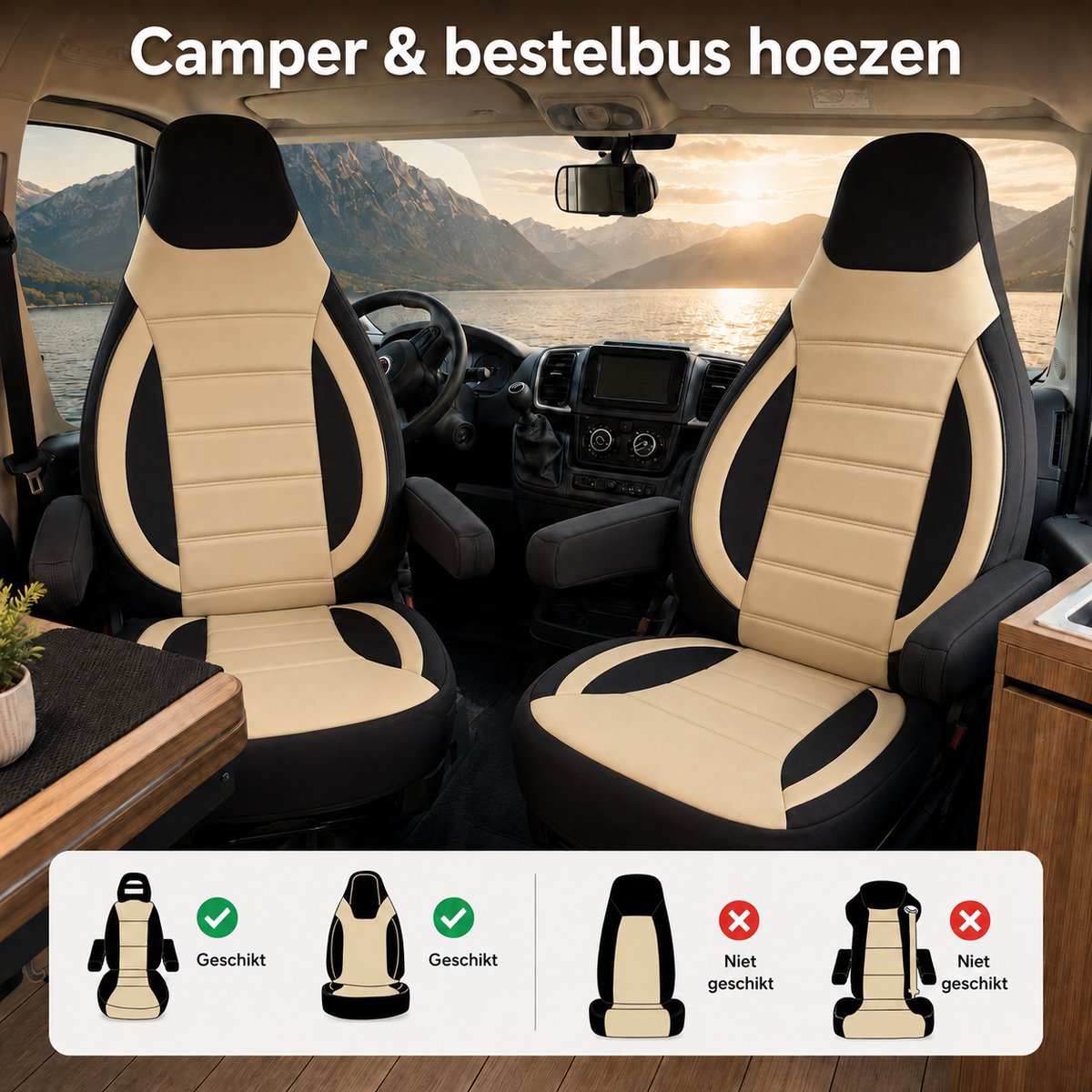 Camperstoelhoezen universeel - Set van 2 - Zwart/beige - AIM