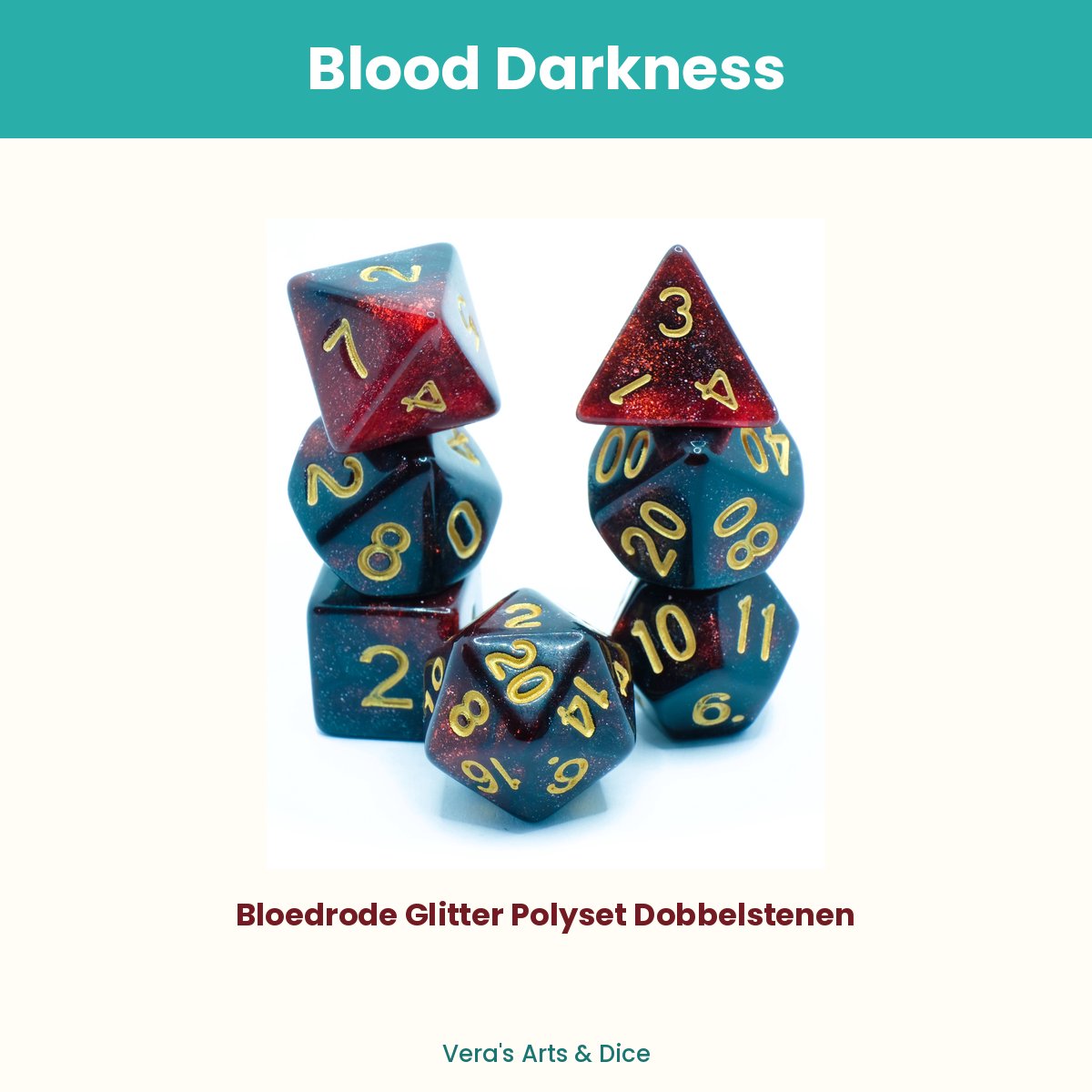 Blood Darkness - Vera's Arts & Dice - Dobbelstenen Set - 7-delig - Zwart Rood Goud Glitters - D&D RPG