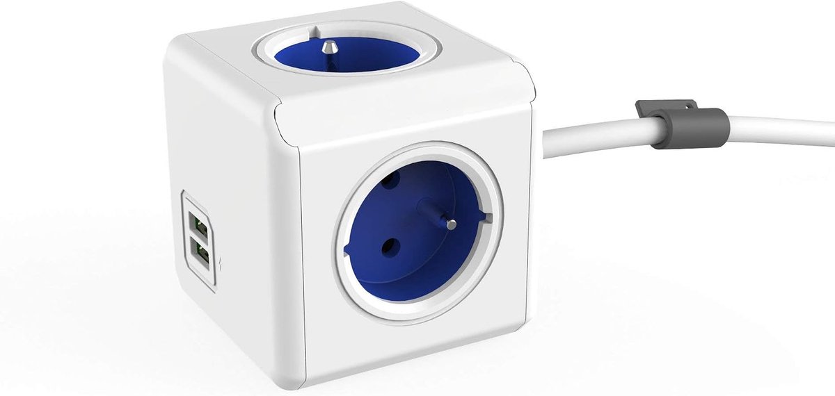 SnelShoppen - Power Cube Verlengsnoer DuoUSB FR met 4 Stopcontacten en 2 USB Poorten, Desk Montage Kit en 1,5m Kabel, Blauw-Wit, Perfect voor Thuis en