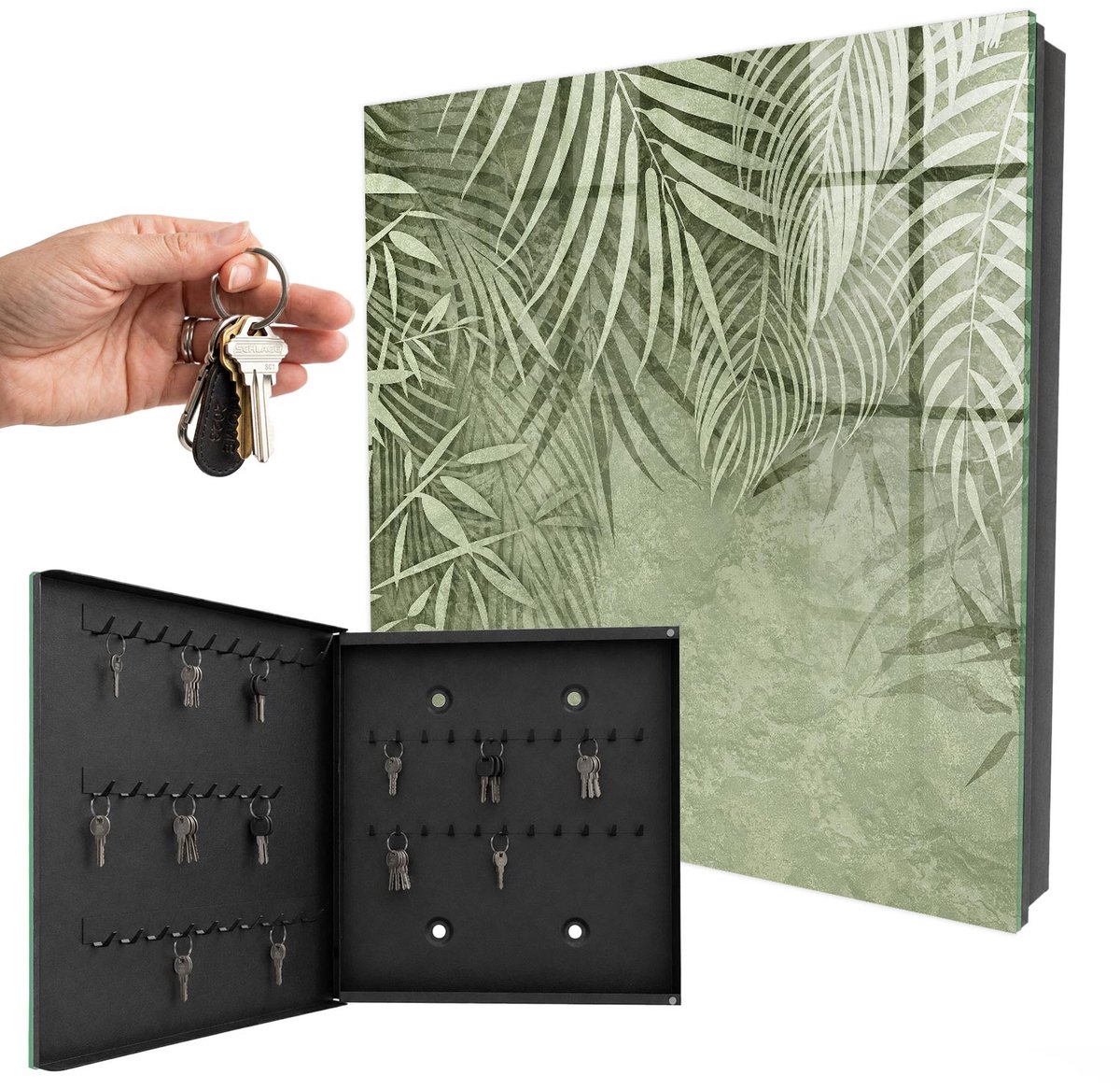 WallMuralia - Sleutelkast - 30x30x5 cm - met 50 haken - Tropisch Patroon Sleutelkastje Binnen - Groente Sleutelbox - Linksopenend - Zwart interieur