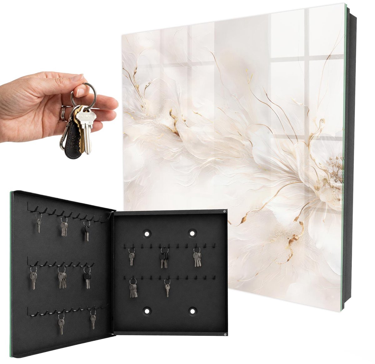 WallMuralia - Sleutelkast - 30x30x5 cm - met 50 haken - Elegante Bloem Sleutelkastje Design - Romig Sleutelbox - Linksopenend - Zwart interieur