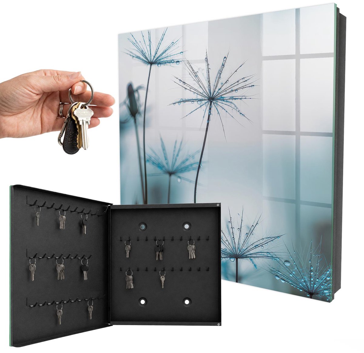 WallMuralia - Sleutelkast - 30x30x5 cm - met 50 haken - Paardenbloemen En Dauw Sleutelkastje Voor Binnen - Blauw Sleutelbox - Linksopenend - Zwart interieur