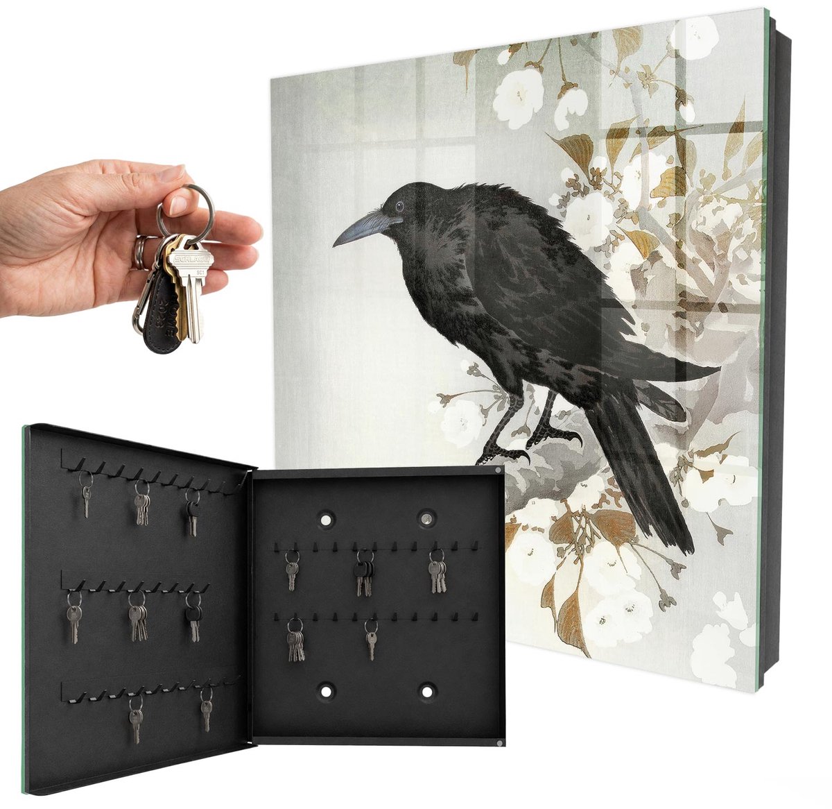 WallMuralia - Sleutelkast - 30x30x5 cm - met 50 haken - Zwarte Raaf Sleutelkastje Hal - Zwart Sleutelbox - Linksopenend - Zwart interieur